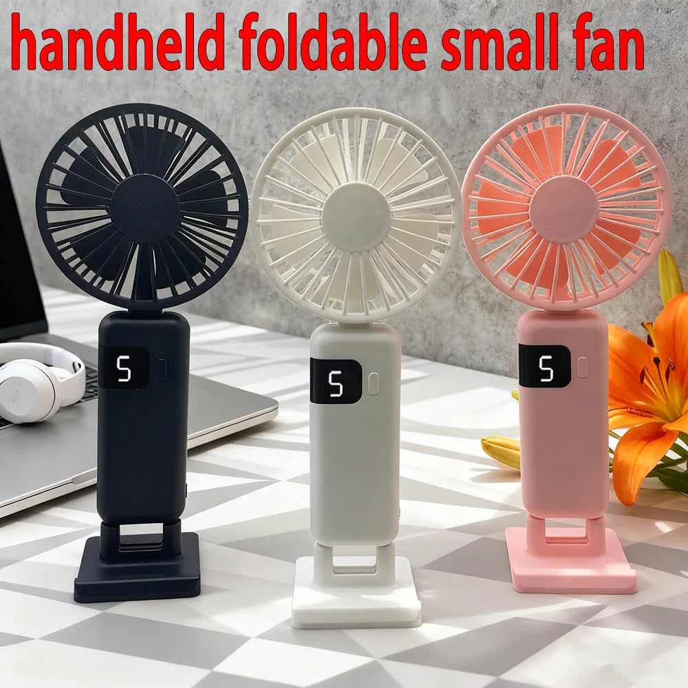 Handheld USB Fan:5-Speed Wind ,Mini Portable Foldable Rechargeable Neck-Hanging Fan with Digital Display for Office / Dormitory