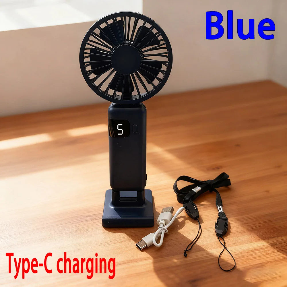 Handheld USB Fan:5-Speed Wind ,Mini Portable Foldable Rechargeable Neck-Hanging Fan with Digital Display for Office / Dormitory