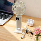 Handheld USB Fan:5-Speed Wind ,Mini Portable Foldable Rechargeable Neck-Hanging Fan with Digital Display for Office / Dormitory