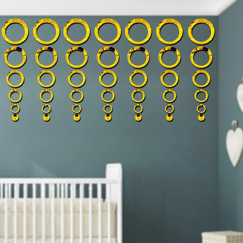 3D Ring 42 Silver Acrylic Mirror Wall Decor | Luxury DIY Circle Mirror Stickers.