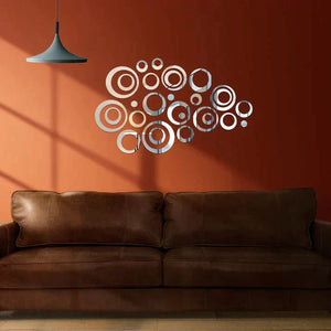 3D Ring 42 Silver Acrylic Mirror Wall Decor | Luxury DIY Circle Mirror Stickers.