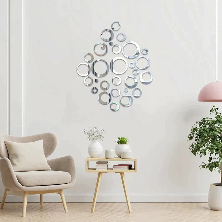 3D Ring 42 Silver Acrylic Mirror Wall Decor | Luxury DIY Circle Mirror Stickers.