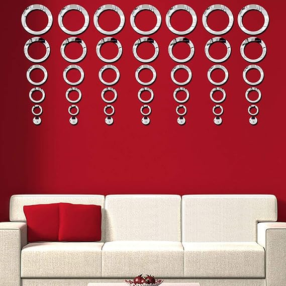 3D Ring 42 Silver Acrylic Mirror Wall Decor | Luxury DIY Circle Mirror Stickers.