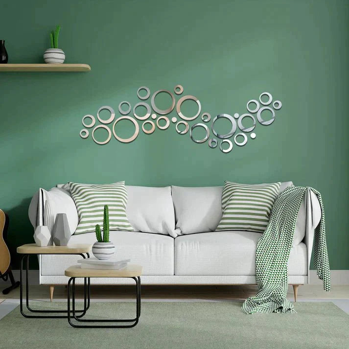 3D Ring 42 Silver Acrylic Mirror Wall Decor | Luxury DIY Circle Mirror Stickers.