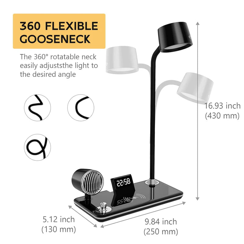 4-in-1 Wireless Charger with BT Speaker | Fast Wireless Charging LED Desk Lamp.