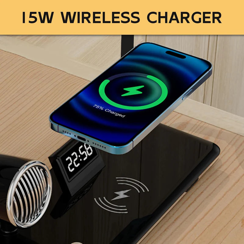 4-in-1 Wireless Charger with BT Speaker | Fast Wireless Charging LED Desk Lamp.