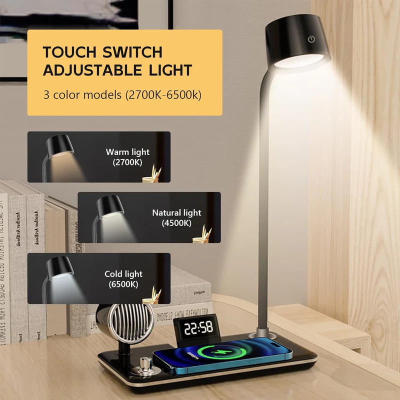 4-in-1 Wireless Charger with BT Speaker | Fast Wireless Charging LED Desk Lamp.