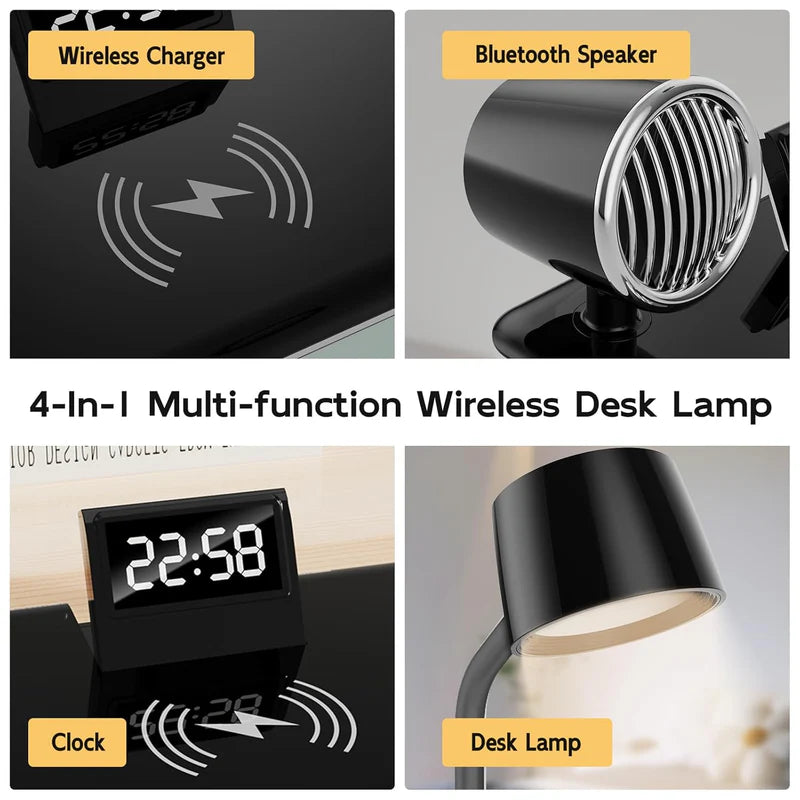 4-in-1 Wireless Charger with BT Speaker | Fast Wireless Charging LED Desk Lamp.