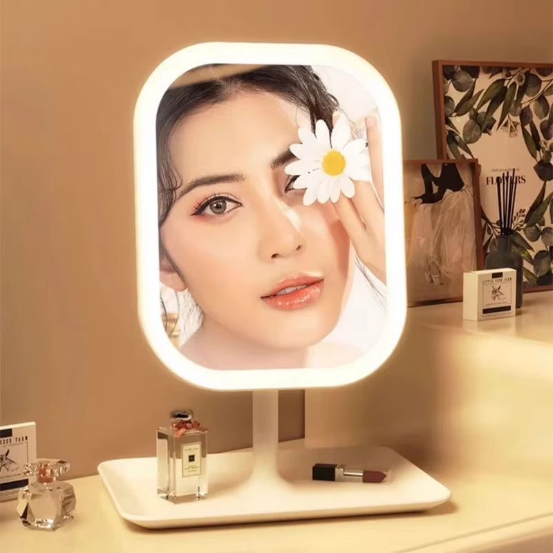 Illuminate Your Beauty: 1Pc LED Modern Desktop Vanity Mirror with 3 Color Light for Effortless Makeup Application
