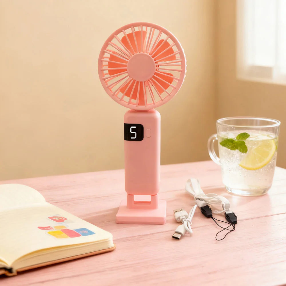 Handheld USB Fan:5-Speed Wind ,Mini Portable Foldable Rechargeable Neck-Hanging Fan with Digital Display for Office / Dormitory