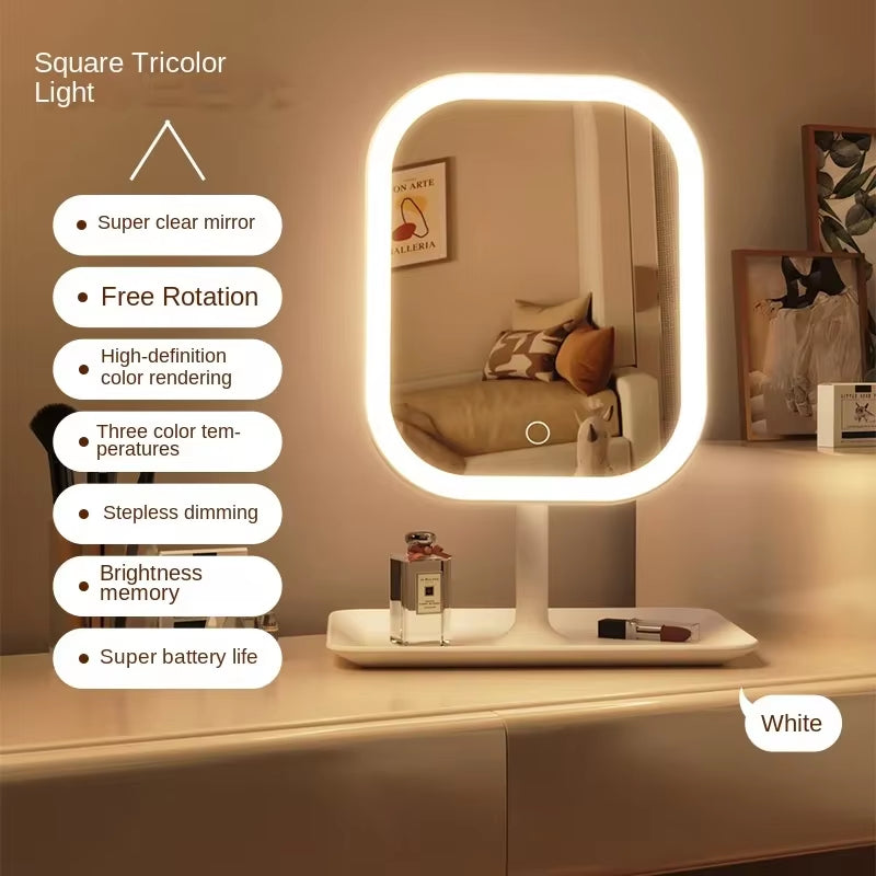 Illuminate Your Beauty: 1Pc LED Modern Desktop Vanity Mirror with 3 Color Light for Effortless Makeup Application