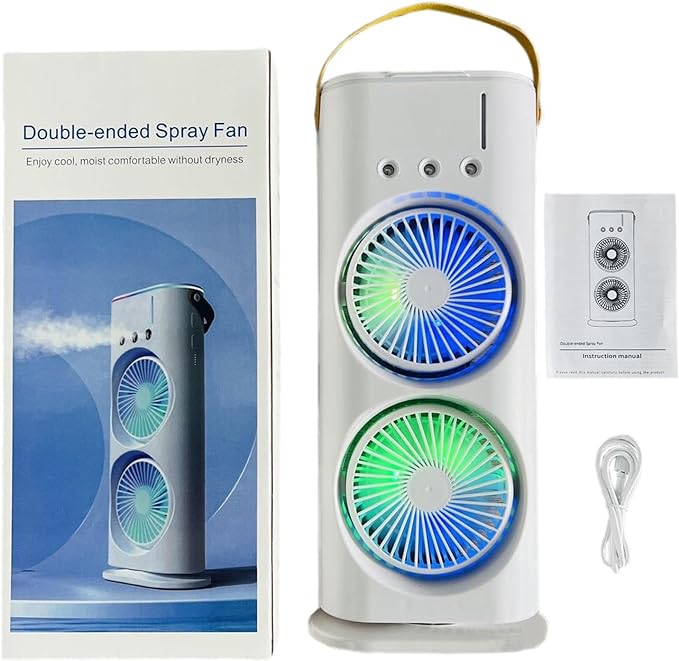 ❄️ Double Ended Spray Fan | Portable USB Rechargeable Mist Cooling Fan | Dual Fan Air Cooler with LED Light.