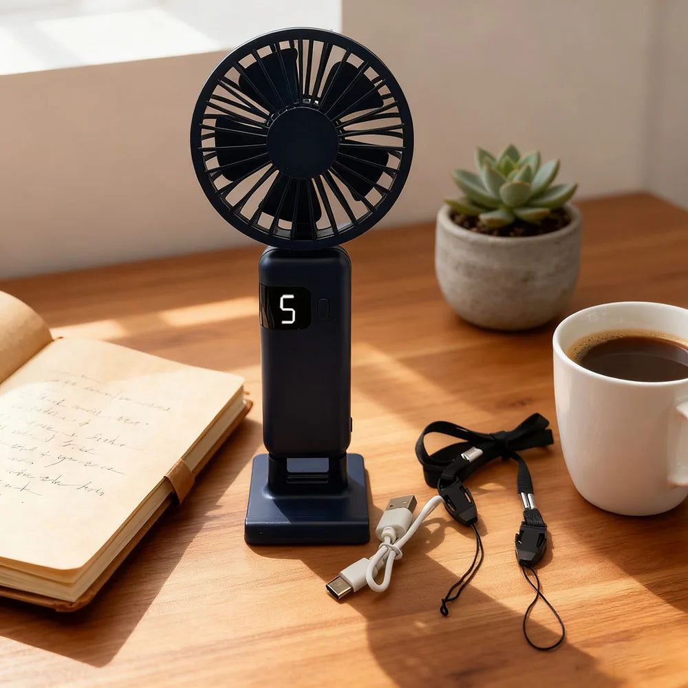 Handheld USB Fan:5-Speed Wind ,Mini Portable Foldable Rechargeable Neck-Hanging Fan with Digital Display for Office / Dormitory